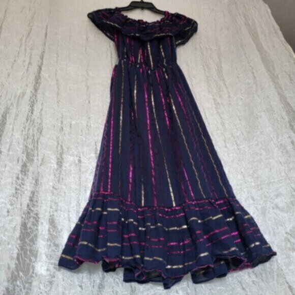 Maison Jules Blue Cotton metallic stripe Ruffe Maxi Dress Women’s XXS - Picture 4 of 12